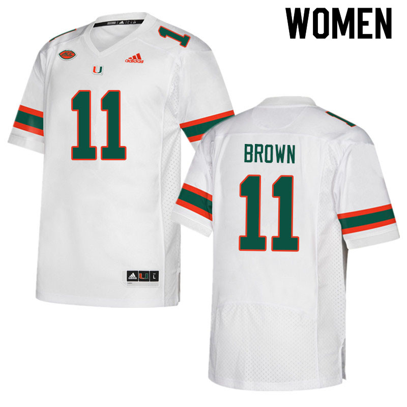 Women #11 Jacurri Brown Miami Hurricanes College Football Jerseys Sale-White